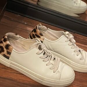 Able White Leather Sneakers with Leopard Heel Accent